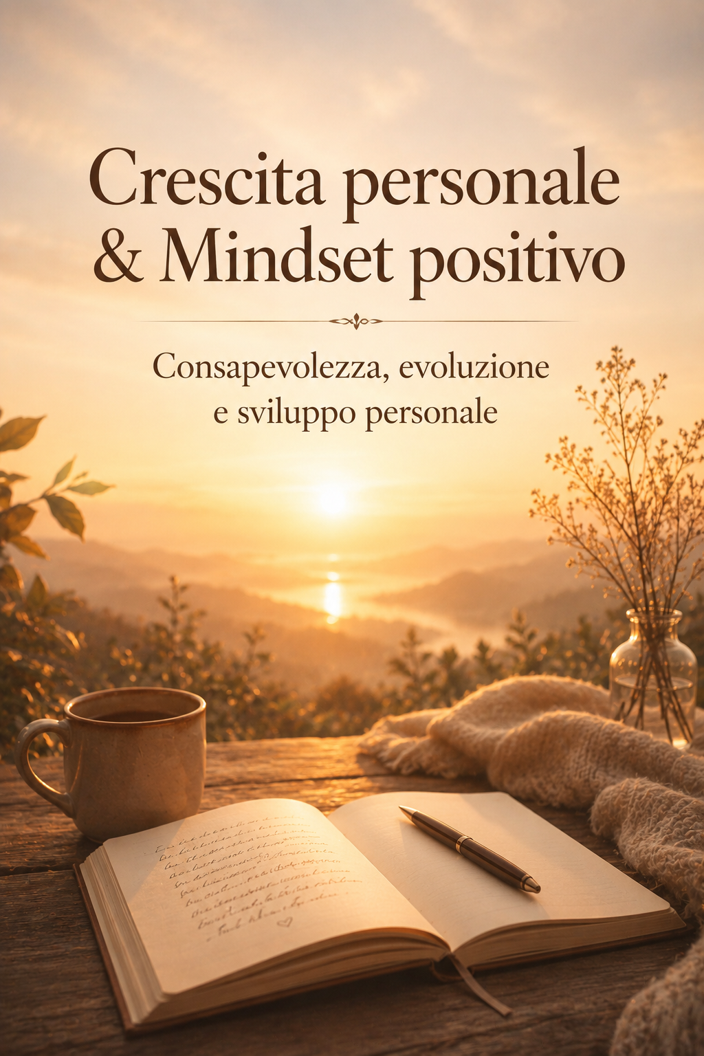Una scena naturale al tramonto con un libro aperto e una penna su un tavolo di legno, accompagnati da una tazza di caffè, un vaso con fiori e una coperta, con le montagne sullo sfondo. Il testo sovrapposto dice: "Crescita personale & Mindset positivo. Consapevolezza, evoluzione e sviluppo personale."