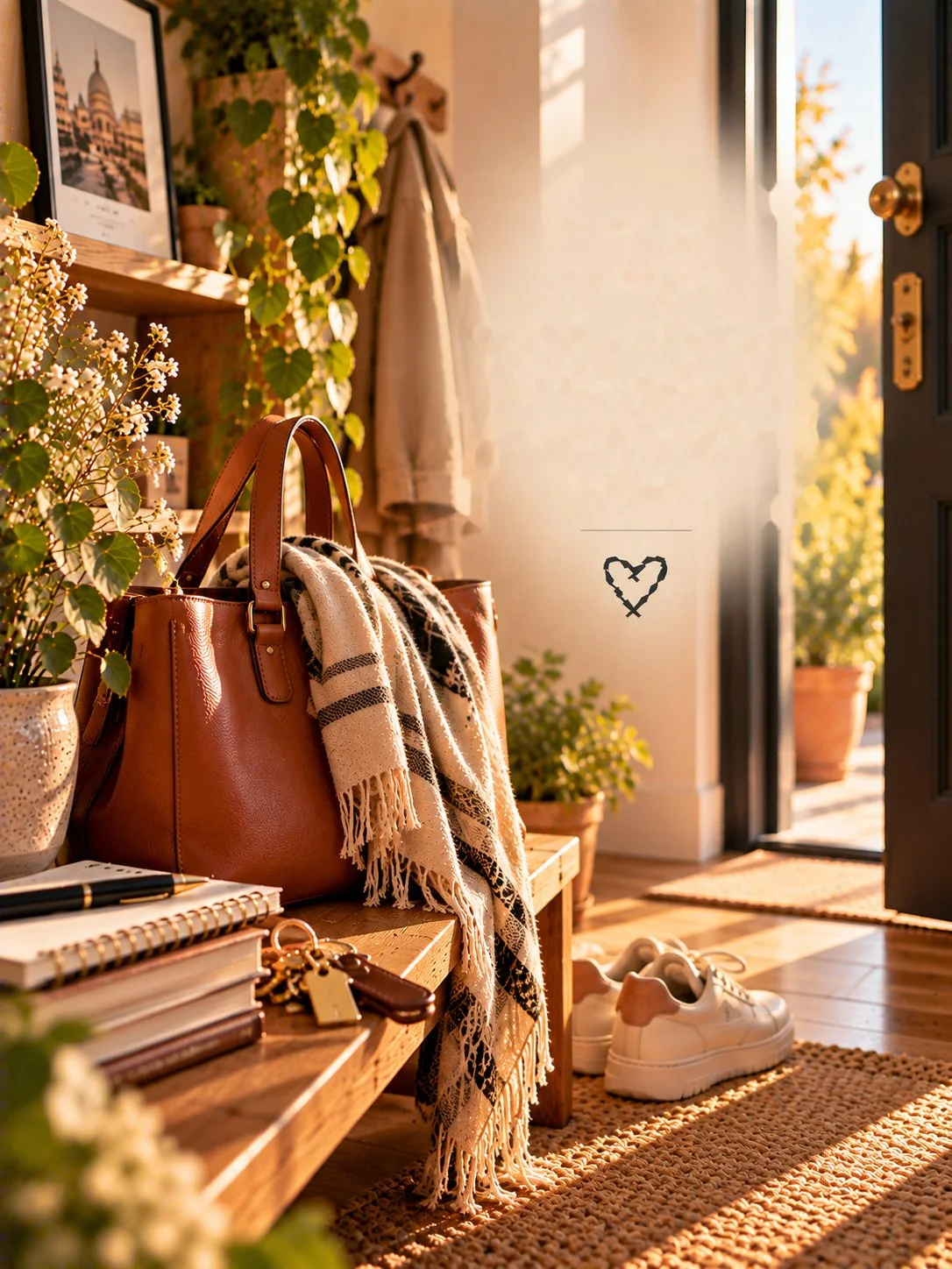 Borsa, quaderni e oggetti personali accanto a una porta aperta in un ambiente luminoso.