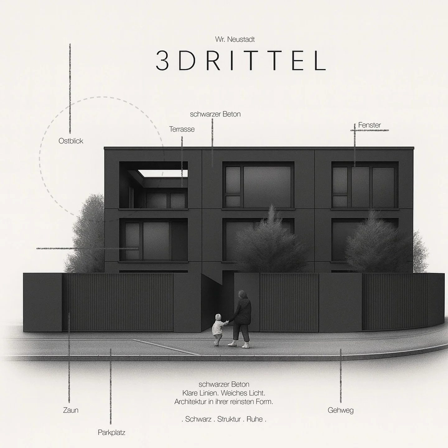 3DRITTEL &ndash; Schwarzer Beton. Klare Linien. Weiches Licht.
Ein Townhouse-Projekt in Wiener Neustadt, das Architektur auf das Wesentliche reduziert:
Struktur, Ruhe und Pr&auml;zision.
Minimalistische Fassaden, gro&szlig;z&uuml;gige Glasfl&auml;che