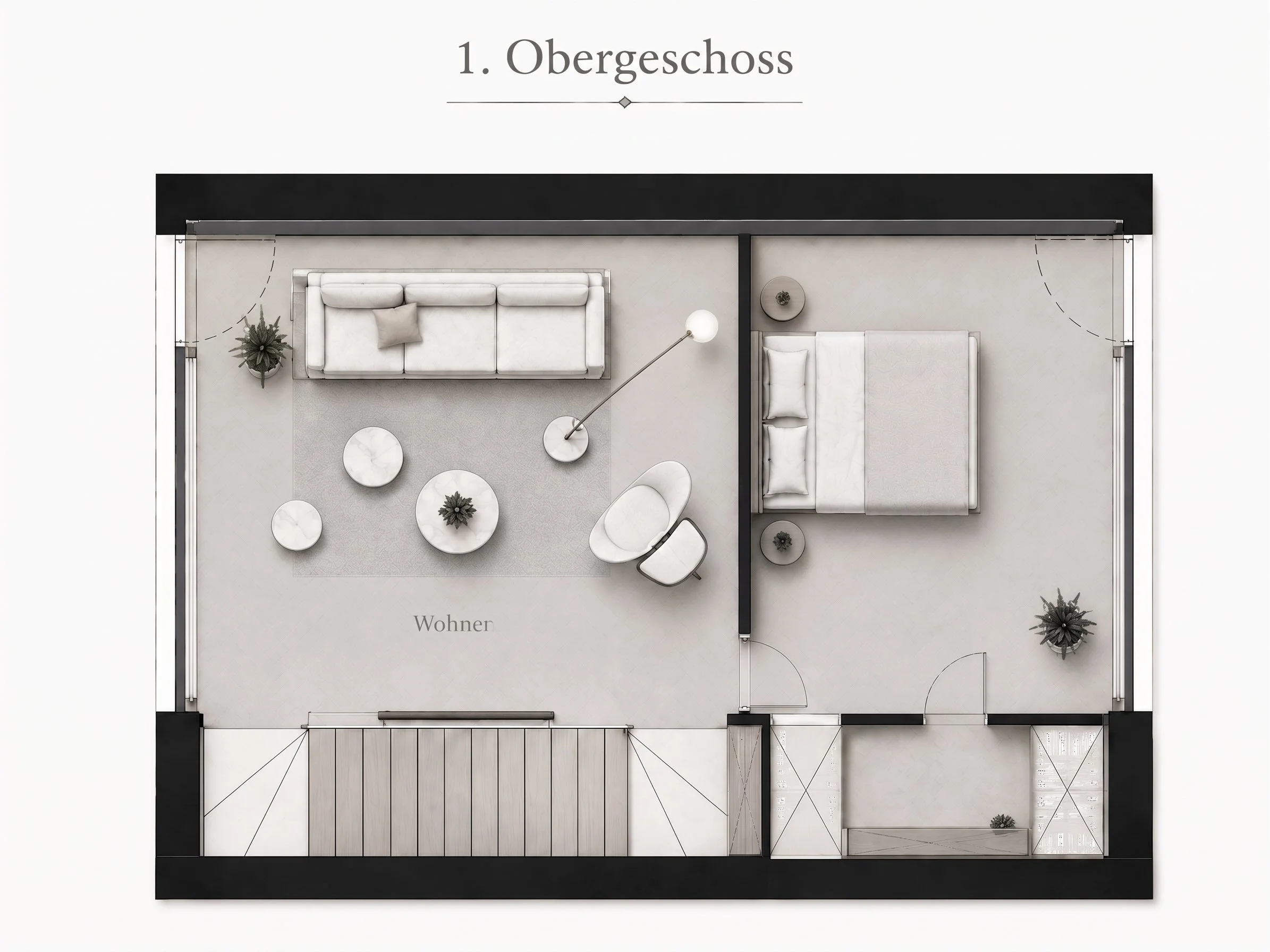 Grundriss eines Apartments mit oben gekennzeichneter Wohnbereich, Badezimmer und Flur.