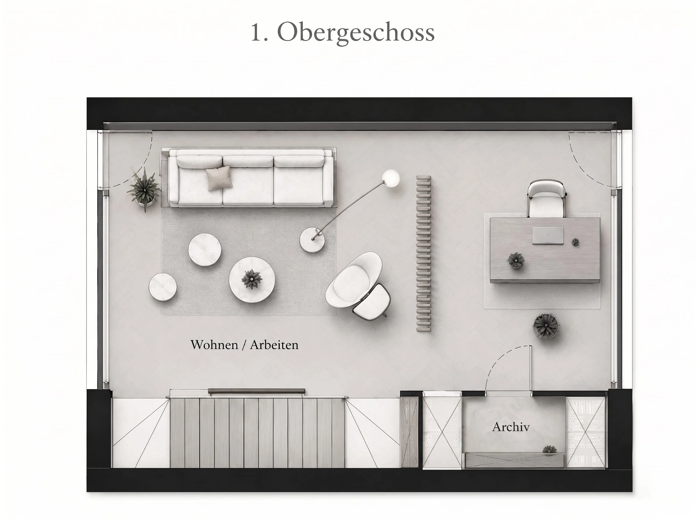 Grundriss eines Obergeschosses mit Wohn- und Arbeitsbereich, Archivraum, Treppe und Fenster. Es zeigt eine moderne, minimalistische Raumgestaltung in hellen Farben.