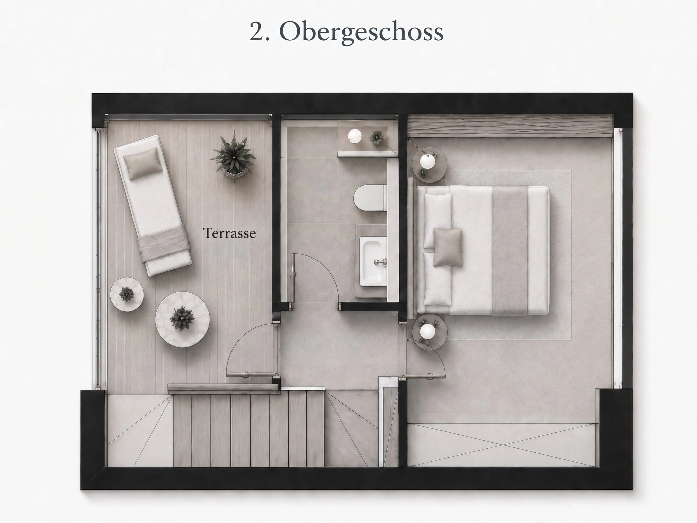 Grundriss des ersten Obergeschosses eines Hauses mit Terrasse, Schlafzimmer, Badezimmer und Wohnzimmer in minimalistischer, moderner Einrichtung.