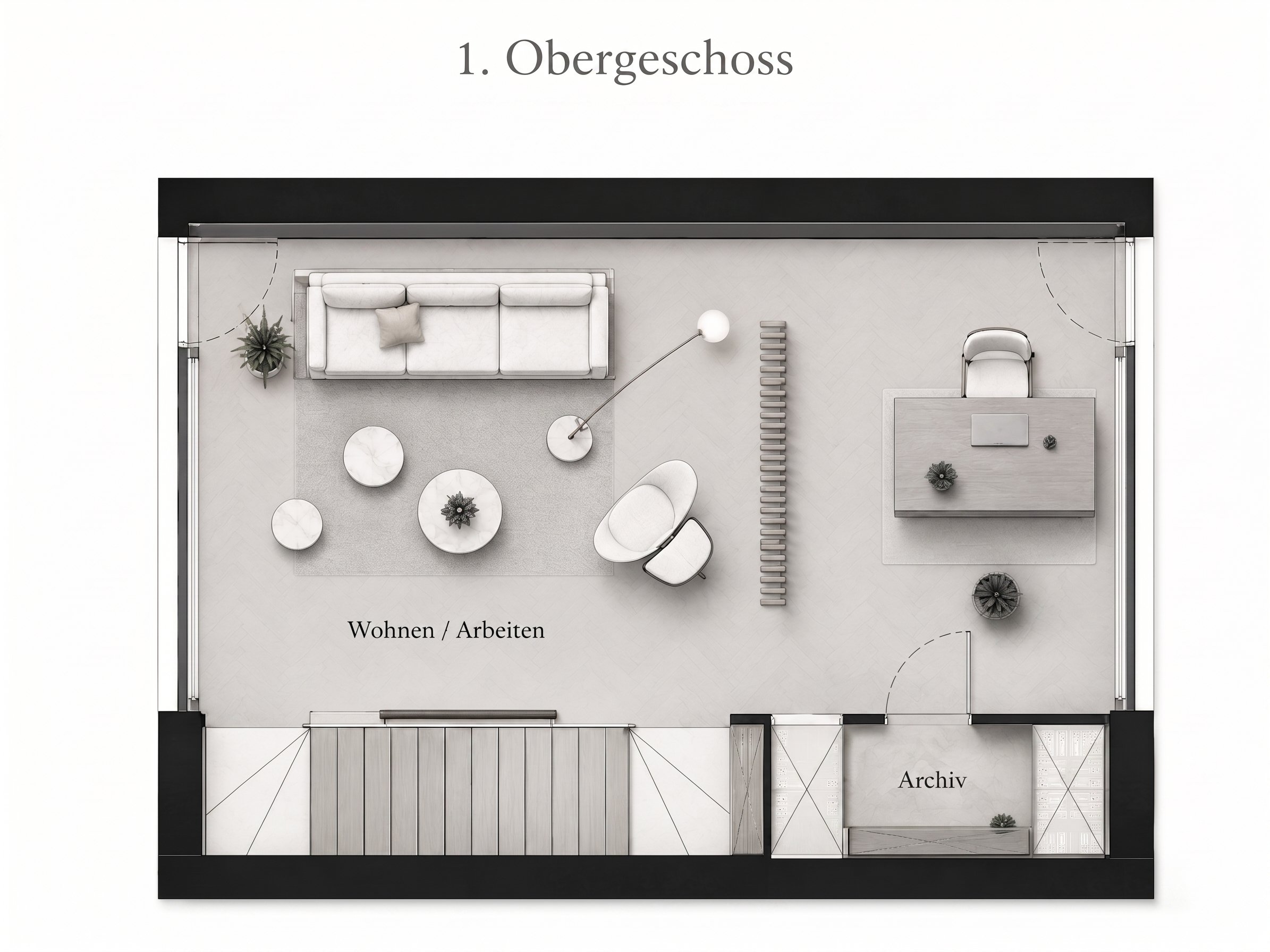 Grundriss eines Hausgeschosses mit Bereichen für Wohnen / Arbeiten und Archiv.