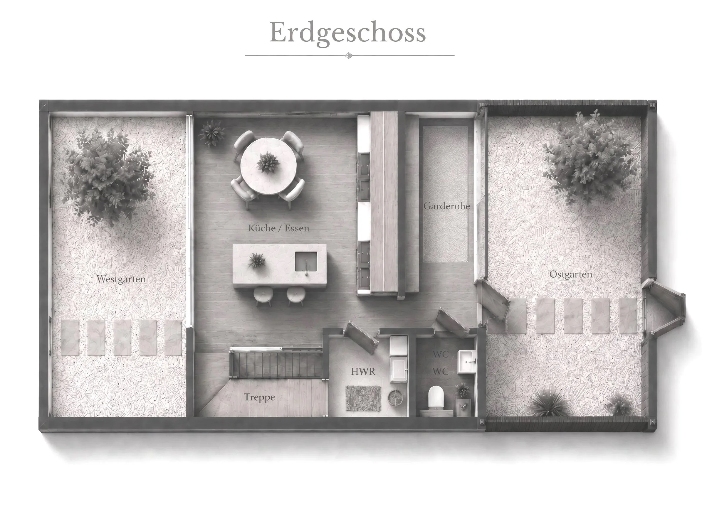 Grundriss eines Hauses mit Bezeichnungen für verschiedene Räume, einschließlich Küche, Esszimmer, Gaderobe, Westgarten, Ostgarten, WC, HWR, Treppe, und Außenbereichen.