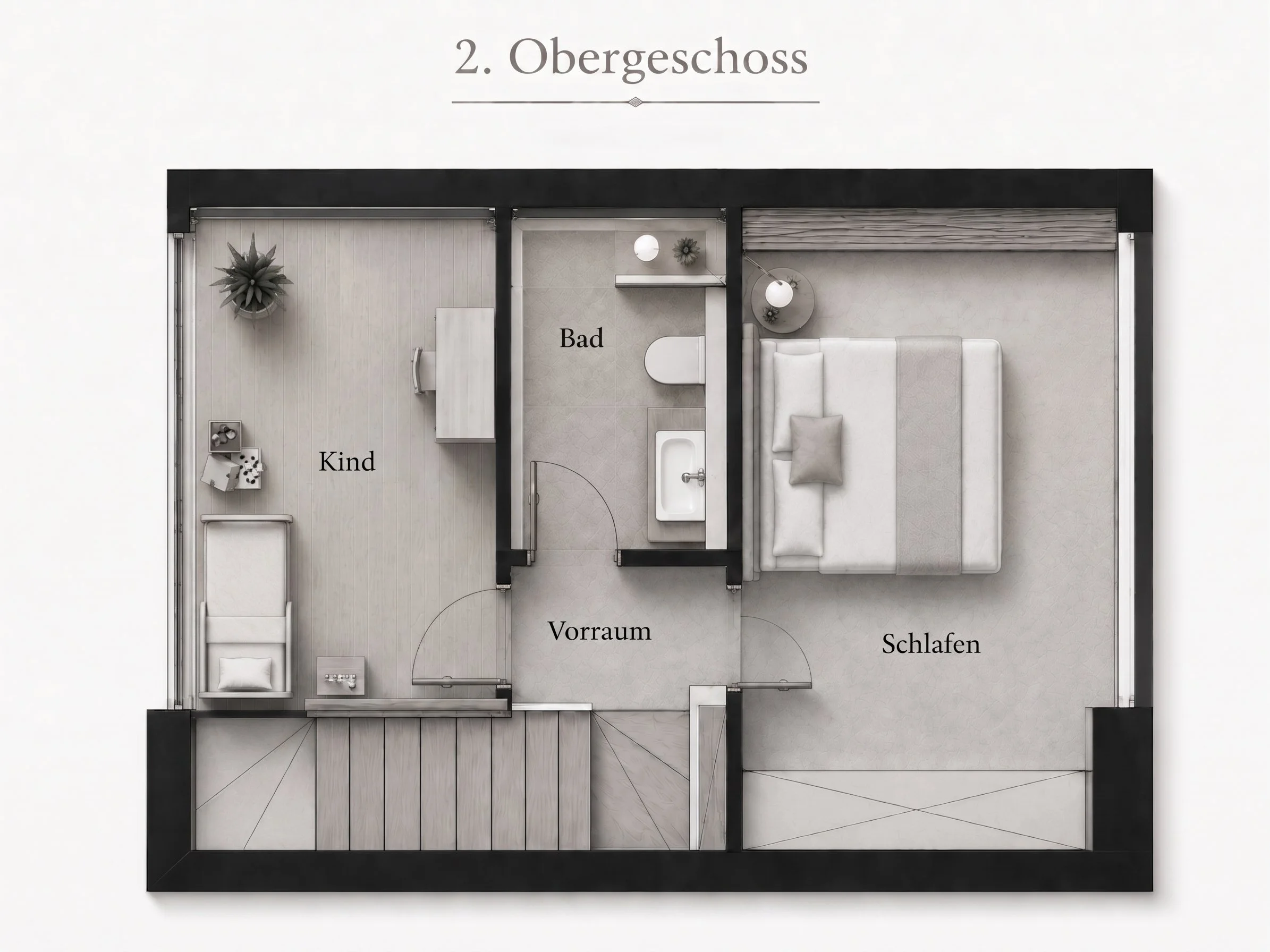 Grundriss eines Gebäudes, der das Obergeschoss zeigt, mit Zimmern für Kinder, Bad, Vorraum und Schlafzimmer, alles in einer modernen, minimalistischen Design-Ästhetik.