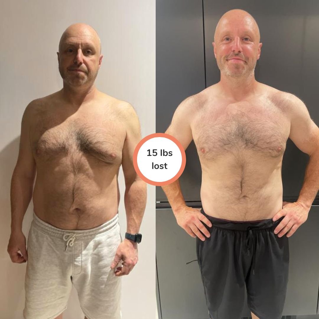 Side-by-side comparison of a man before and after weight loss, showing a 15-pound reduction. In the left image, the man has a more pronounced belly and is wearing light-colored shorts. In the right image, he appears leaner, with more defined muscles, and is wearing dark shorts, with hands on hips and a slight smile.