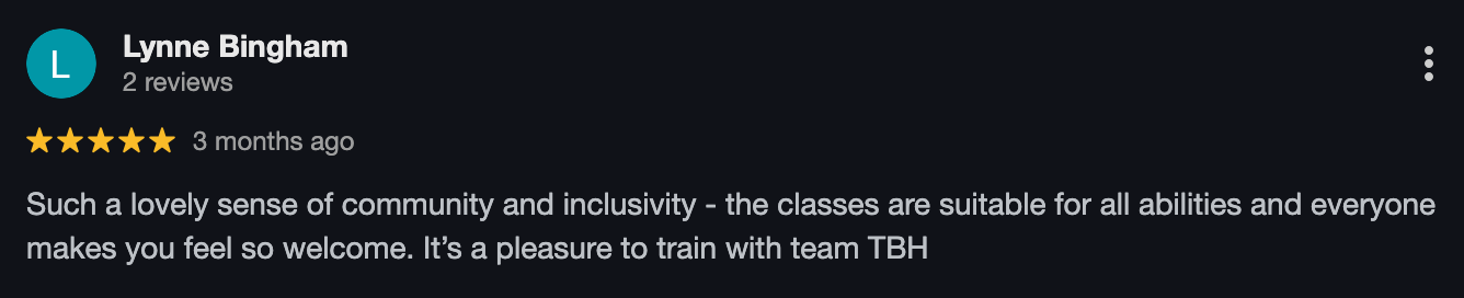 Screenshot of a five-star review by Lynne Bingham praising inclusive community classes.
