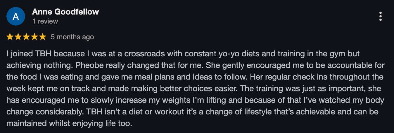 Screenshot of a five-star review by Anne Goodfellow praising the TBH program, mentioning her journey, support from Phoebe, and positive lifestyle changes.