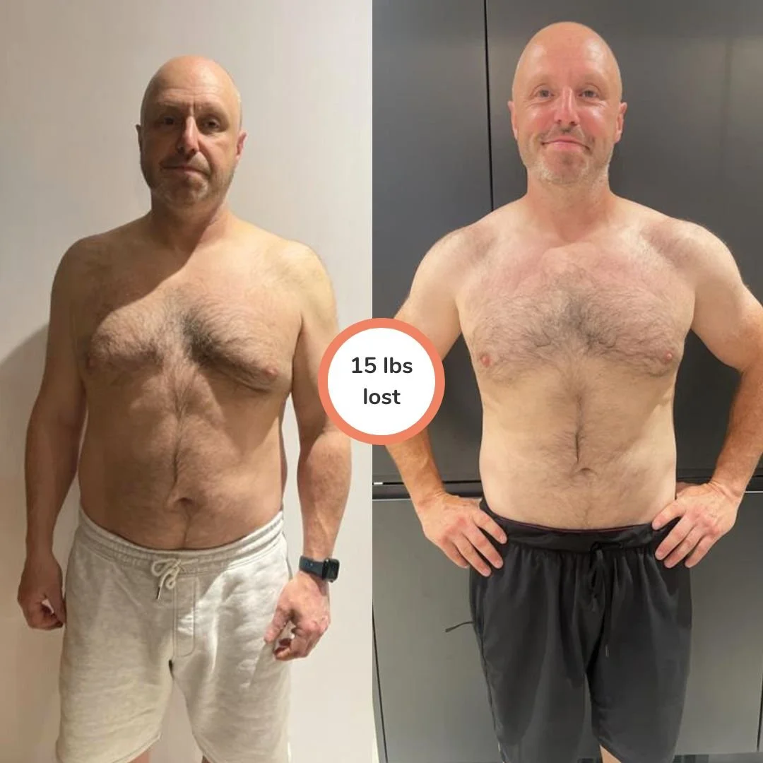 Side-by-side photos of a shirtless man showing weight loss, with a note indicating he lost 15 pounds. The left photo shows him before, with a more relaxed expression, while the right photo shows him after, smiling confidently with hands on hips.
