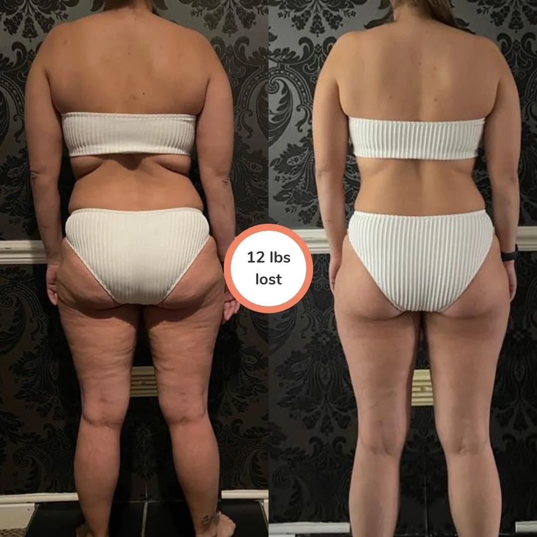 Side-by-side comparison of a woman's back showing weight loss transformation, with a circle in the center stating '12 lbs lost.' The left image shows her before weight loss, and the right image shows her after.