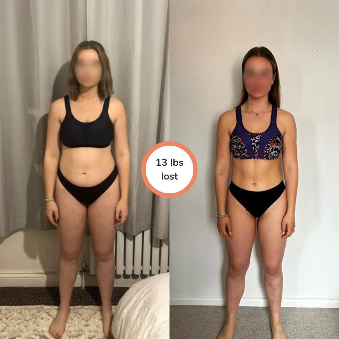 Side-by-side comparison of a woman before and after weight loss, with the text '13 lbs lost' in the center. In the 'before' photo, she appears with more weight and in casual dark workout wear, standing indoors against a curtain. In the 'after' photo, she has a slimmer figure, wearing colorful activewear, standing against a plain wall.