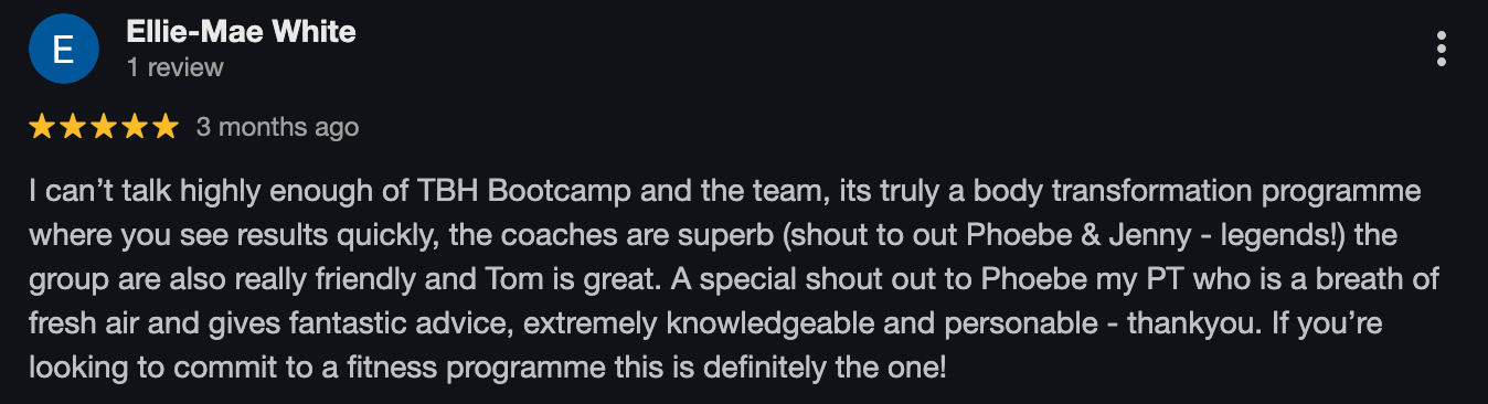 Screenshot of a positive review for TBH Bootcamp on a review platform, praising the program and trainers.