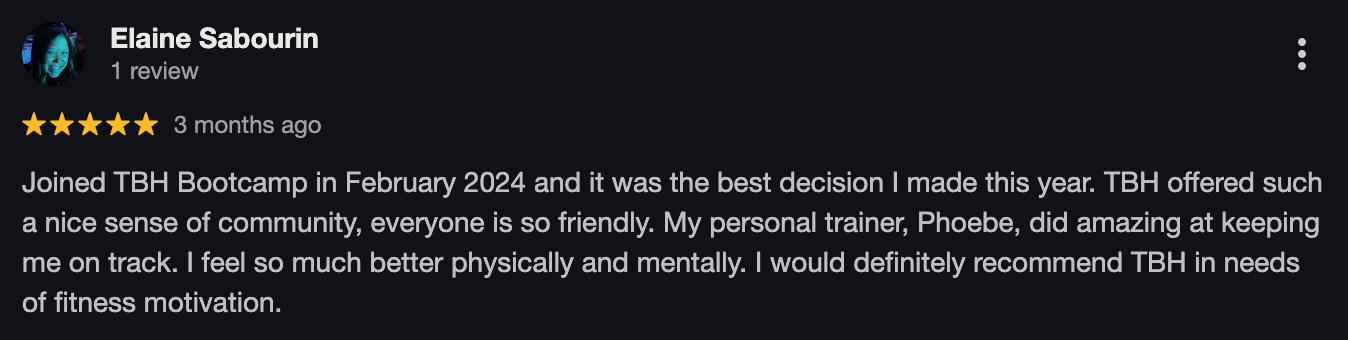 Screenshot of a Google review by Elaine Sabourin praising TBH Bootcamp for its community and personal trainer Phoebe.