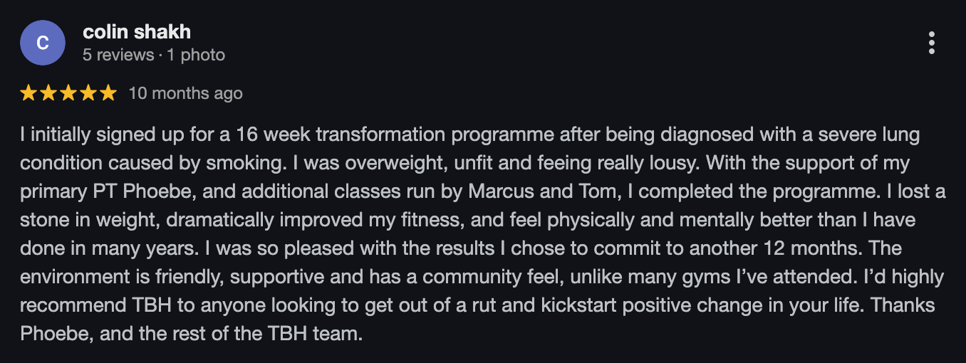 Screenshot of a positive Google review about a fitness program, mentioning weight loss, improved fitness, supportive environment, and recommendation to others.