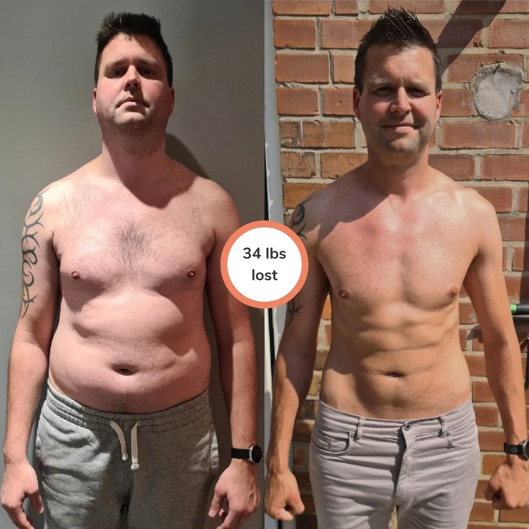 Side-by-side comparison of a man before and after weight loss, showing a reduction of 34 pounds. The man is shirtless in both photos, with tattoos on his left arm, wearing a watch on his left wrist, and grey bottoms. In the left photo, he has more body fat, while in the right photo, his physique appears leaner and more muscular.
