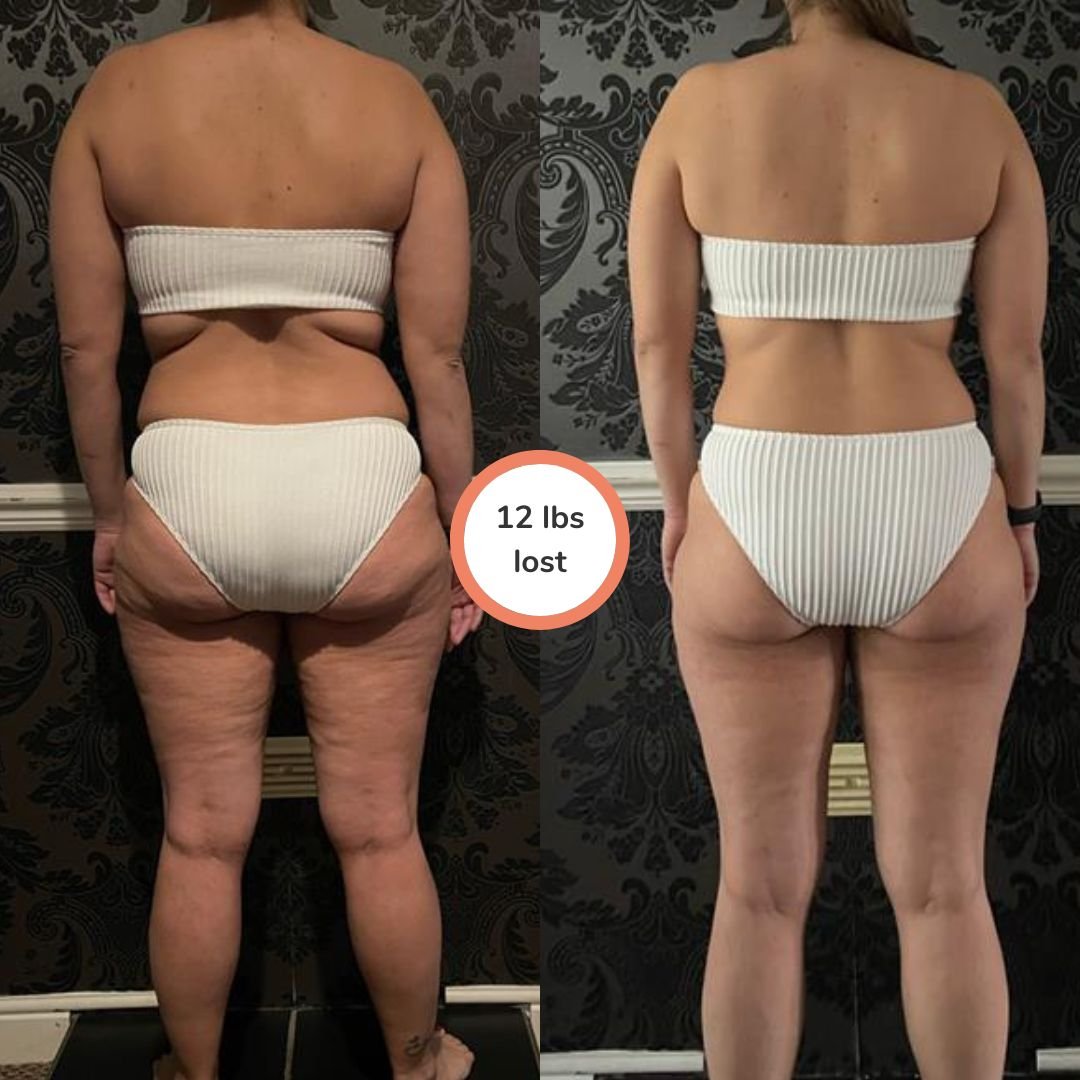 A side-by-side comparison of a woman before and after weight loss, with the left side showing her at a heavier weight and the right side at a lighter weight. The change highlights a reduction of 12 pounds.