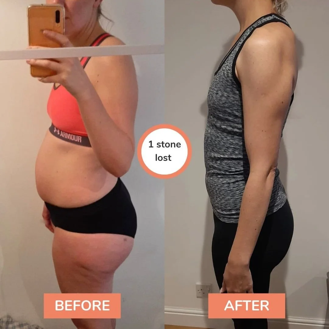 Side-by-side comparison of a woman's body before and after losing one stone, showing a slimmer profile.