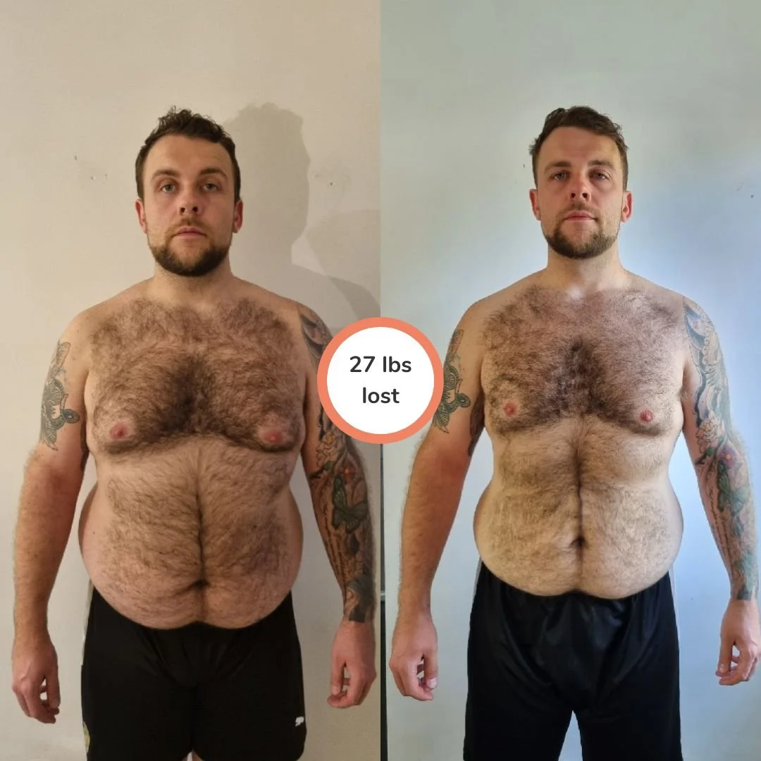 Side-by-side comparison of a man before and after weight loss. The left side shows him with more body fat, while the right side shows him with a slimmer physique after losing 27 pounds.