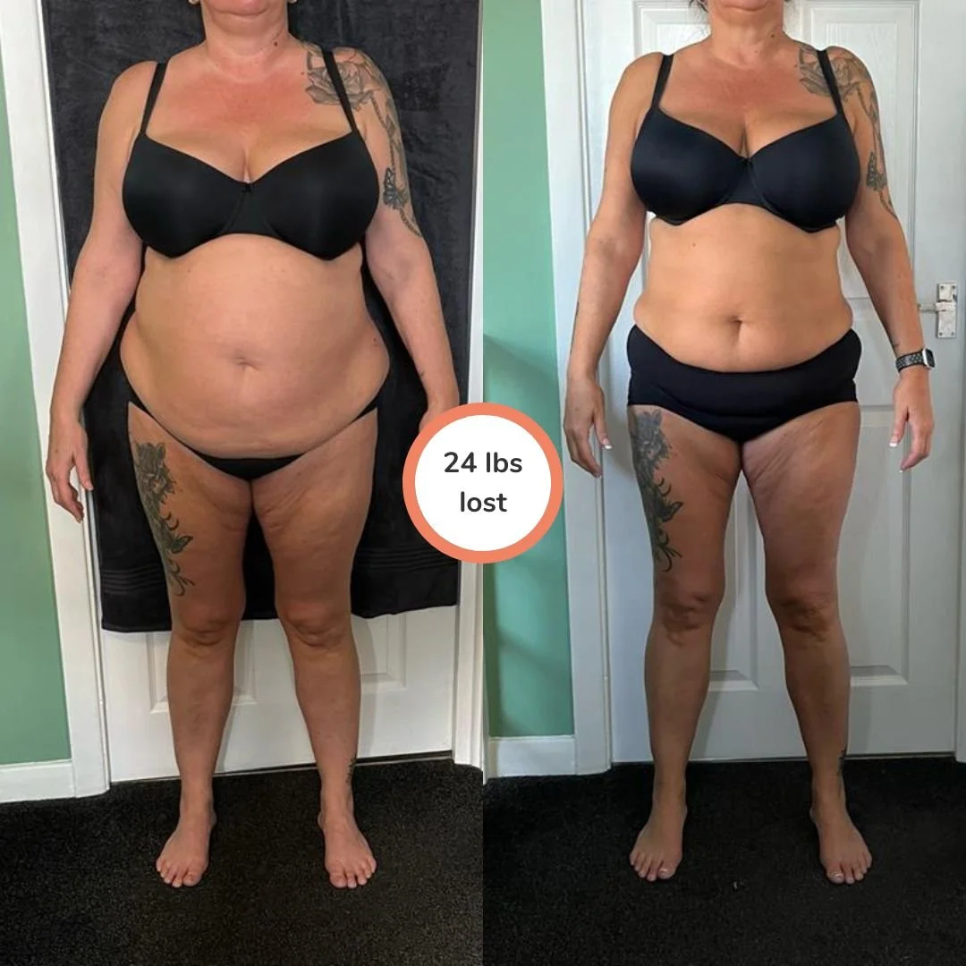 Side-by-side before and after photos of a woman showing her weight loss progress. The left photo shows her with more body fat, and the right photo shows her with a slimmer figure. Text in the center indicates she lost 24 pounds.