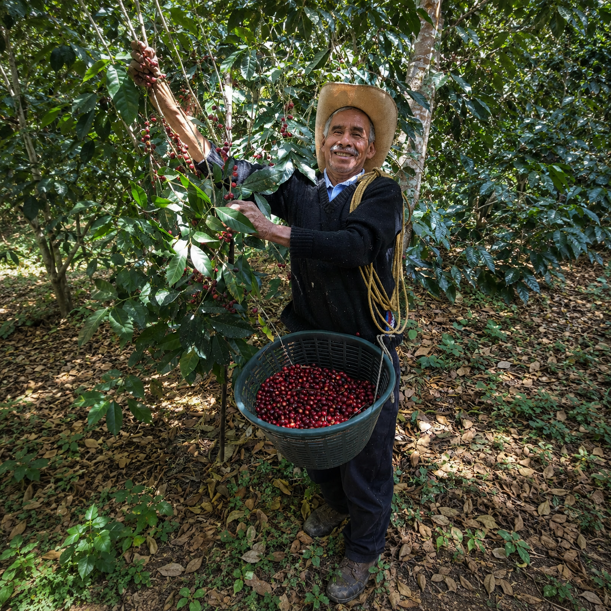 Caficultor recolectando cerezas de café maduras en una finca de Guatemala