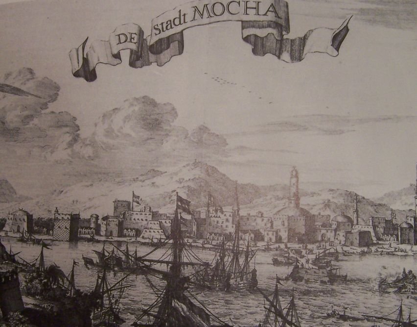 Ilustración histórica del puerto de Moca, Yemen, con barcos mercantes de la compañía VOC · Michenjoff.