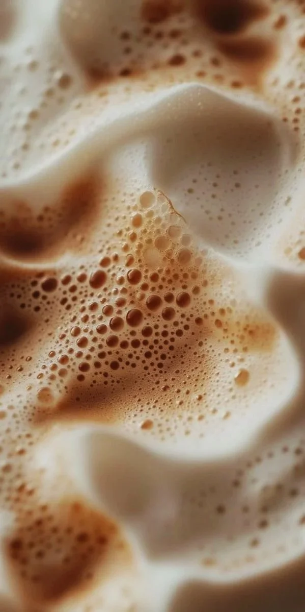 Vista macro de burbujas y espuma en superficie de una bebida, posiblemente café o leche.