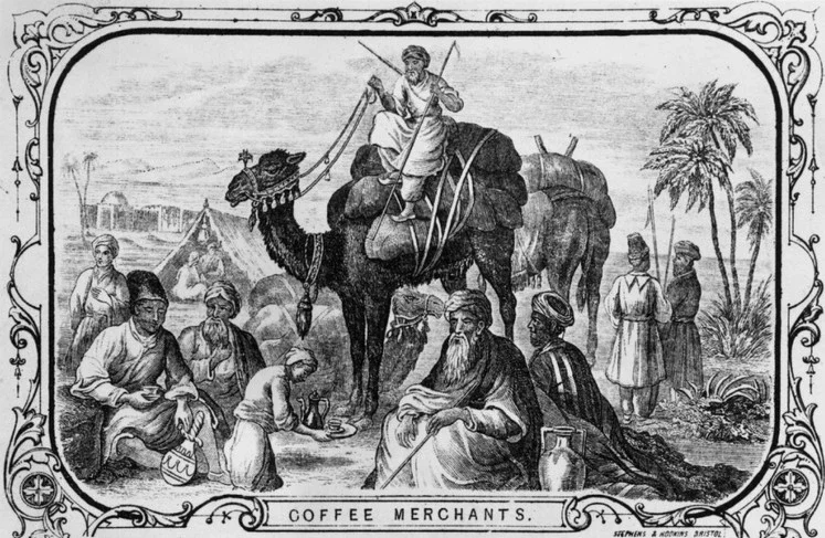 Grabado histórico de comerciantes de café yemeníes junto a camellos cargados de mercancías · Michenjoff.