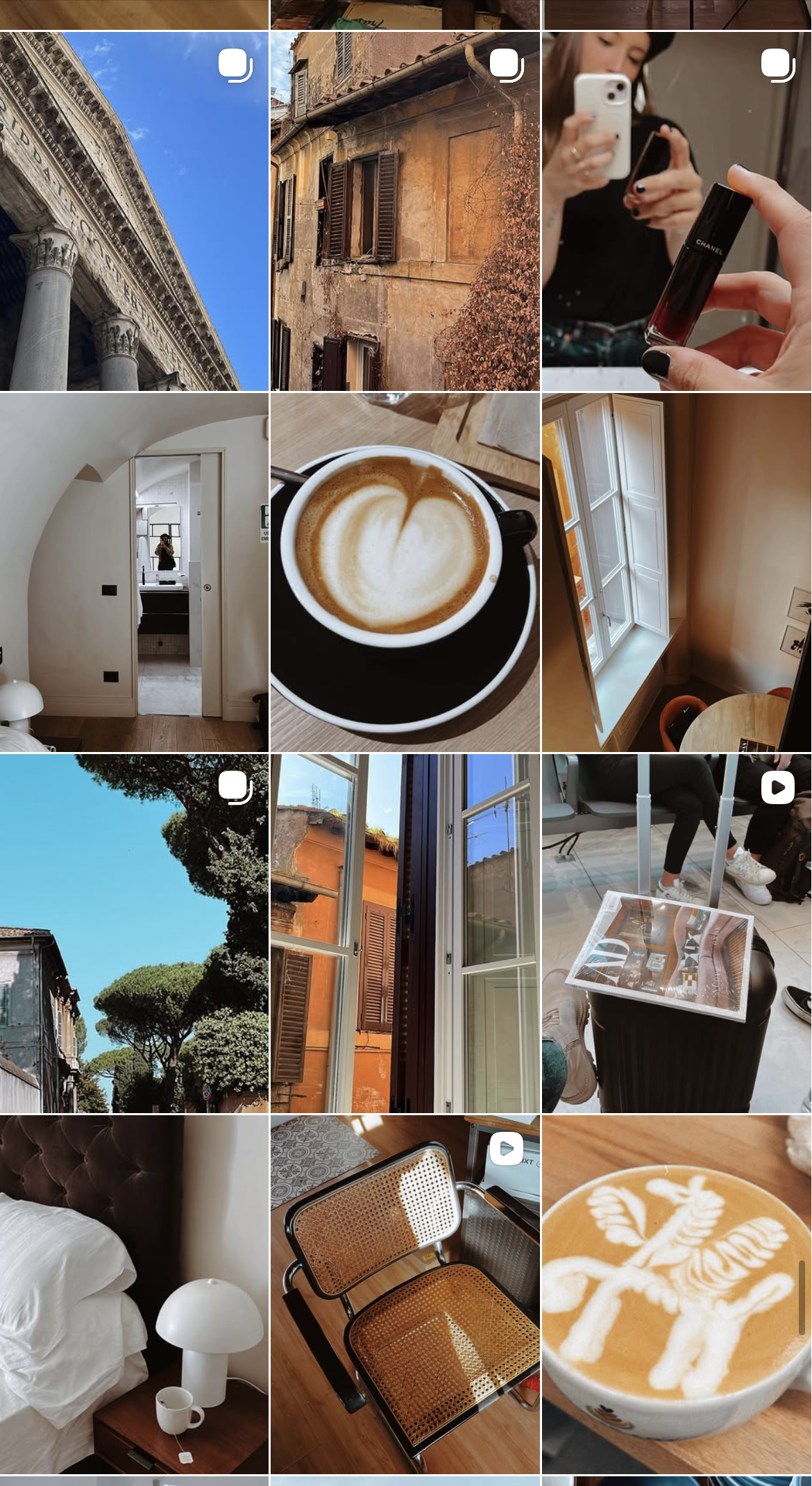 Collage de varias fotos que muestran arquitectura antigua y moderna, interiores de una casa y una cafetería con café latte, ventanas abiertas y escenas cotidianas.