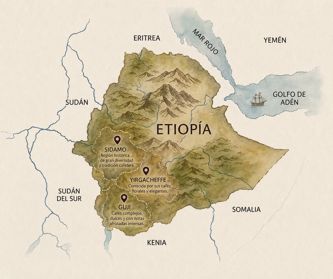 Infografía ilustrada de las principales zonas cafeteras de Etiopía: Sidamo, Yirgacheffe y Guji, con sus características y perfiles de café · Michenjoff
