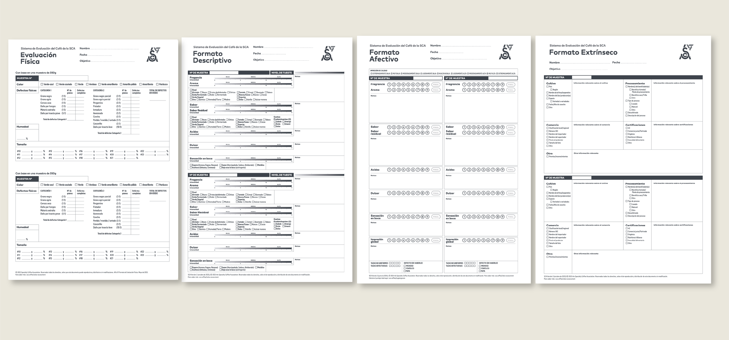 Formularios del Coffee Value Assessment de la SCA para evaluar el café de especialidad mediante criterios físicos, descriptivos, afectivos y extrínsecos · Michenjoff