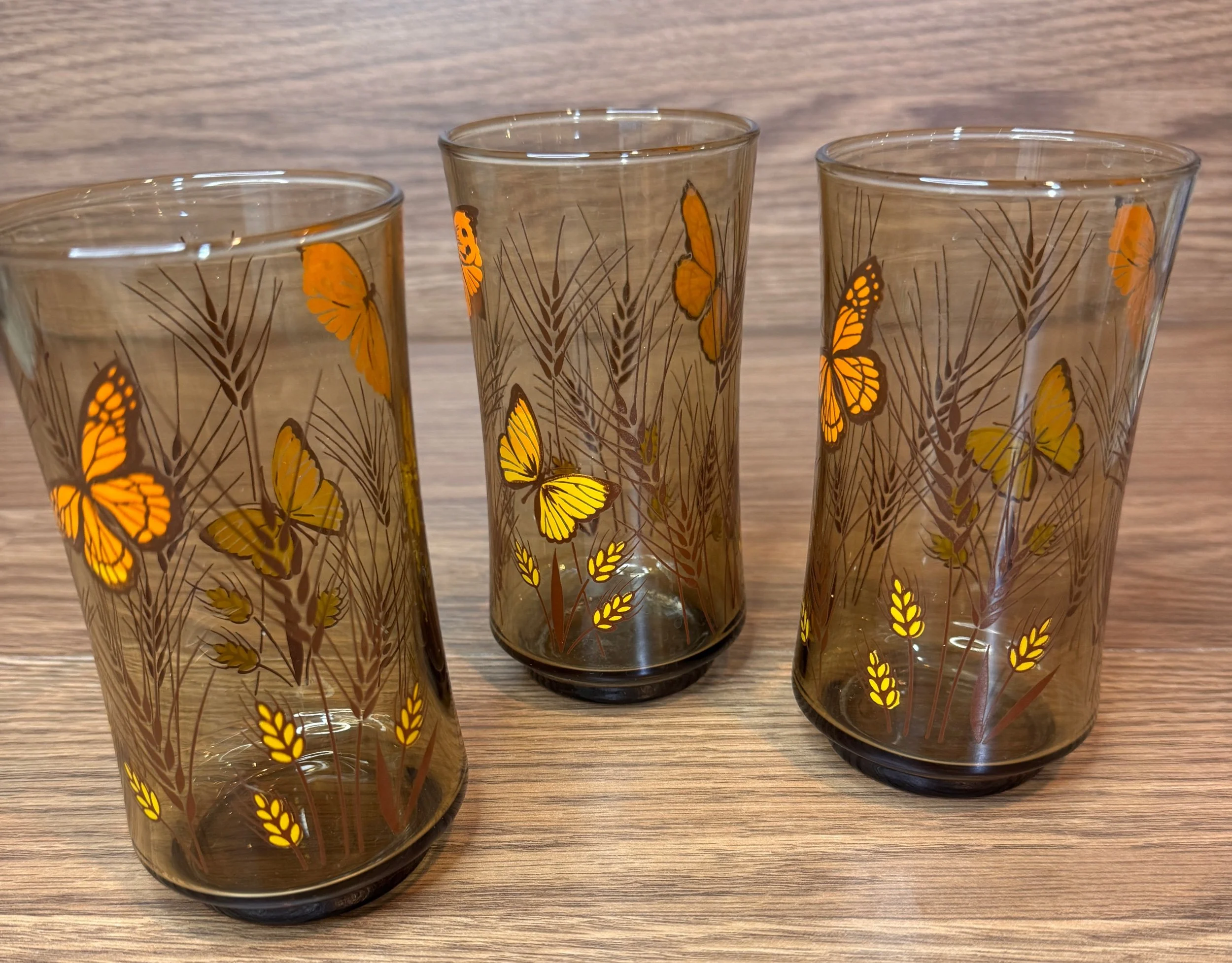 Vintage Monarch Butterfly Amber Glasses - Set of 3