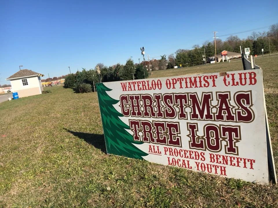 Sign for Waterloo Optimist Club Christmas Tree Lot with a tree graphic, promoting a fundraiser for local youth.