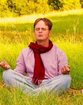 A man practicing meditation outdoors in a grassy field with trees in the background, sitting cross-legged with eyes closed and hands resting on knees.