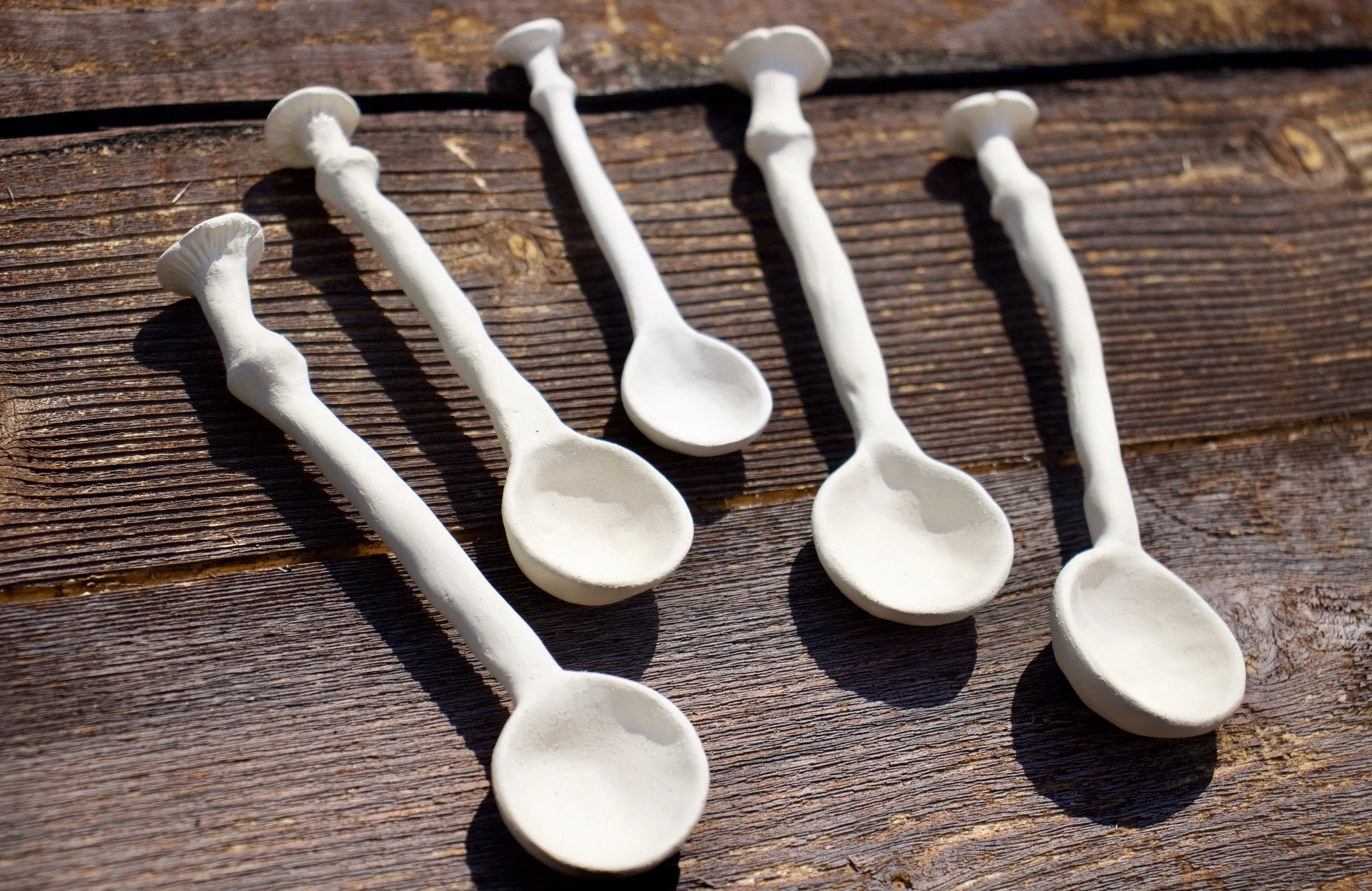 Five white ceramic teaspoons with long, curved handles on a weathered wooden surface.