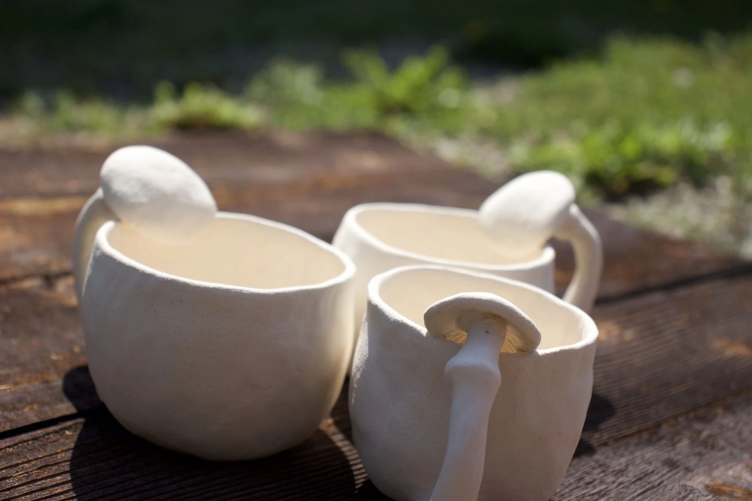 Three white ceramic mugs, two with mushroom decorations, on a wooden surface outdoors with green grass and sunlight.