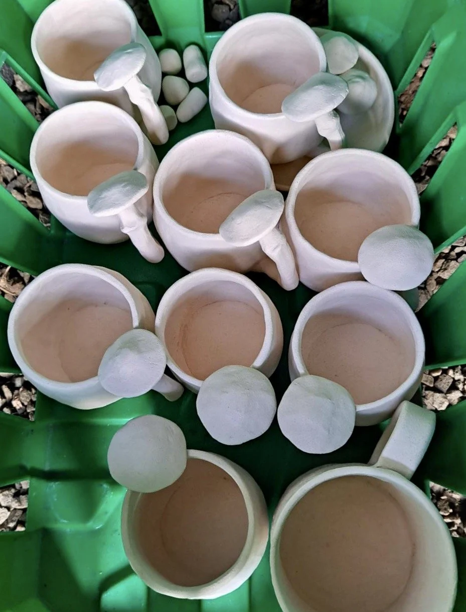 Multiple white ceramic mugs with handles, arranged in a green container with small white pebbles at the sides.