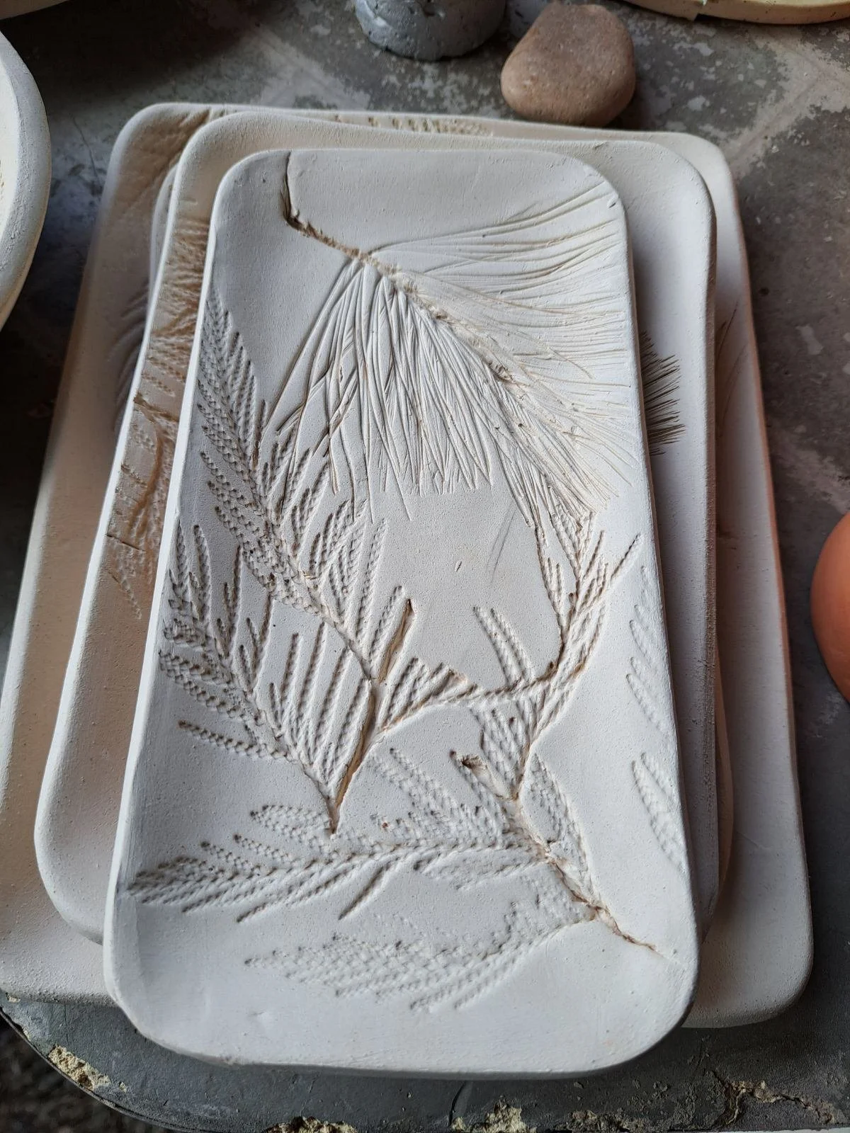 A rectangular white ceramic plate with botanical imprints of fern and palm leaves on its surface.