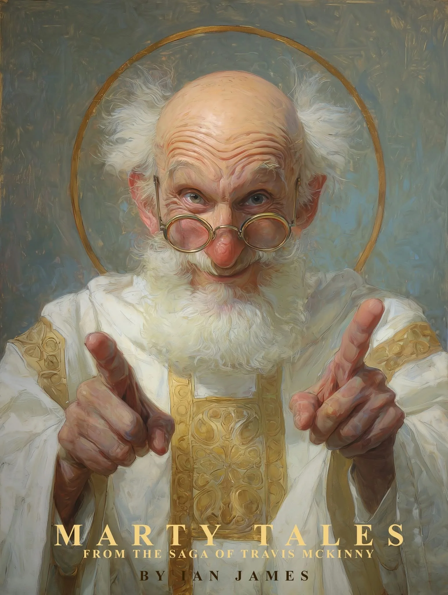 Close-up of an illustrated portrait of an elderly man with glasses, a bald head, and a white beard, giving a peace sign with both hands. The background is textured gray, and the title and author name are displayed at the bottom.