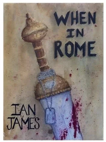 Graffiti artwork of a large knife with a handles designed to look like a sausage, with a chain and a dog tag hanging from it, and the phrase 'When in Rome' above, signed by Ian James.