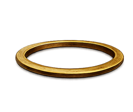 A gold or brass circular ring with a wide, flat band, placed on a black background.