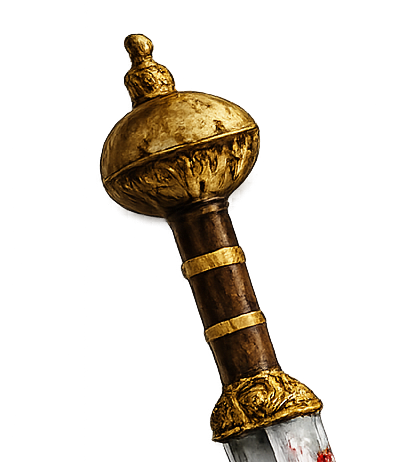 Close-up of a decorative walking stick or cane with gold embellishments and a carved figure on top.