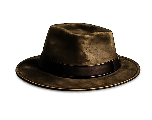 A brown fedora hat with a black band around the base of the crown.