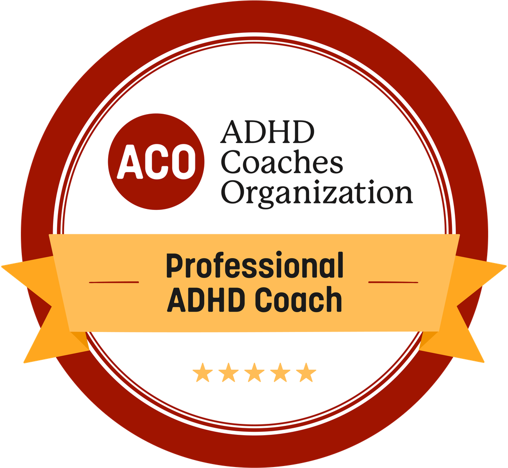 Badge with a maroon and white circular design, labeled 'Professional ADHD Coach,' awarded by the ADHD Coaches Organization, featuring five gold stars.