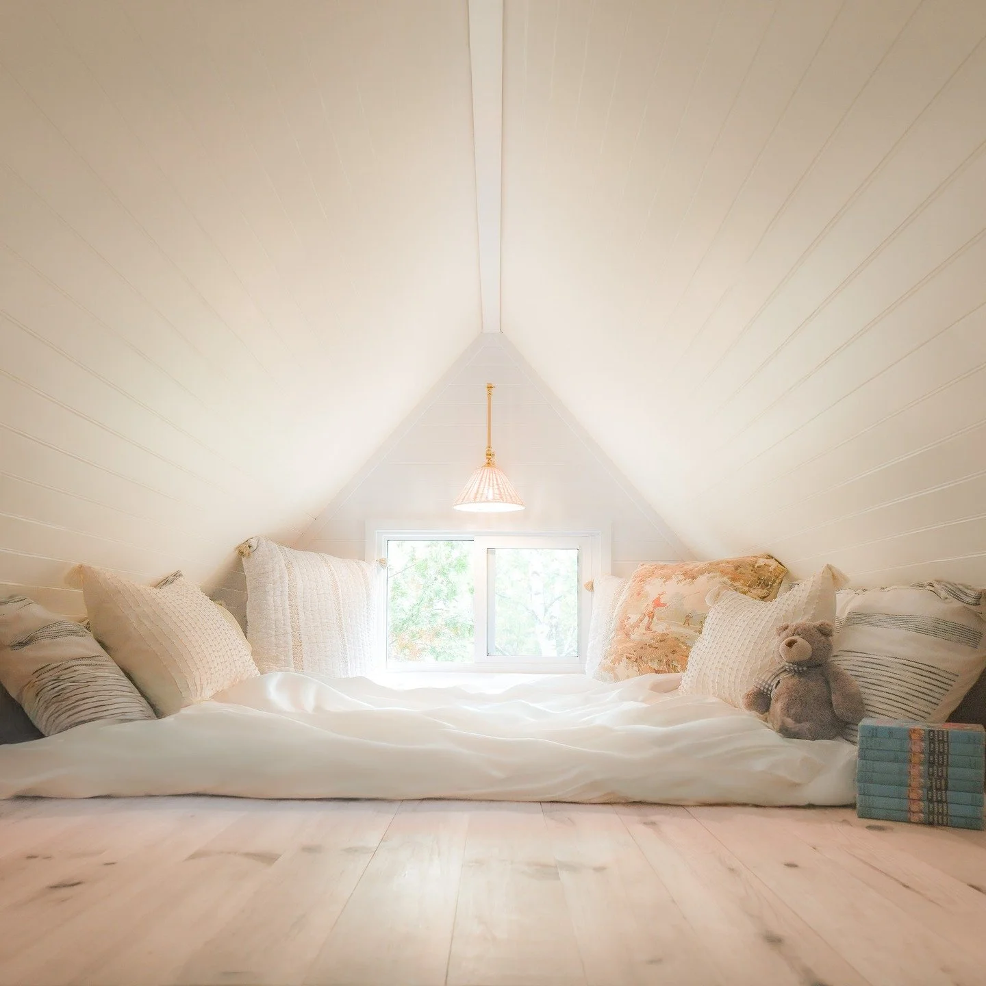 ✨ Dream Loft Vibes ✨
Last, but certainly not least, in our bunkie project series is this cozy loft. Light-filled, whitewashed, and layered with soft textures &mdash; it&rsquo;s the ultimate #rainydayretreat. Wide pine plank floors add warmth and char