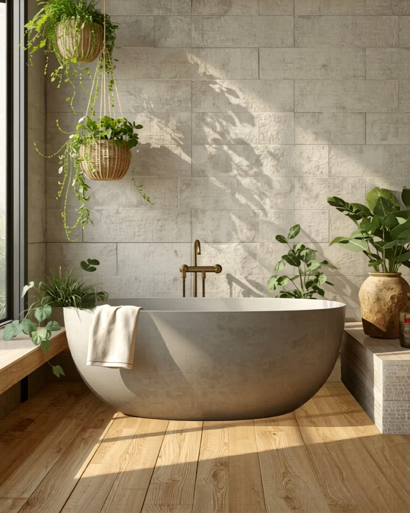 There&rsquo;s something timeless about bringing nature into the spaces we live in. 🌿
This bathroom design captures everything we love about biophilic and organic modern interiors - natural stone textures, warm wood tones, and lush greenery working t