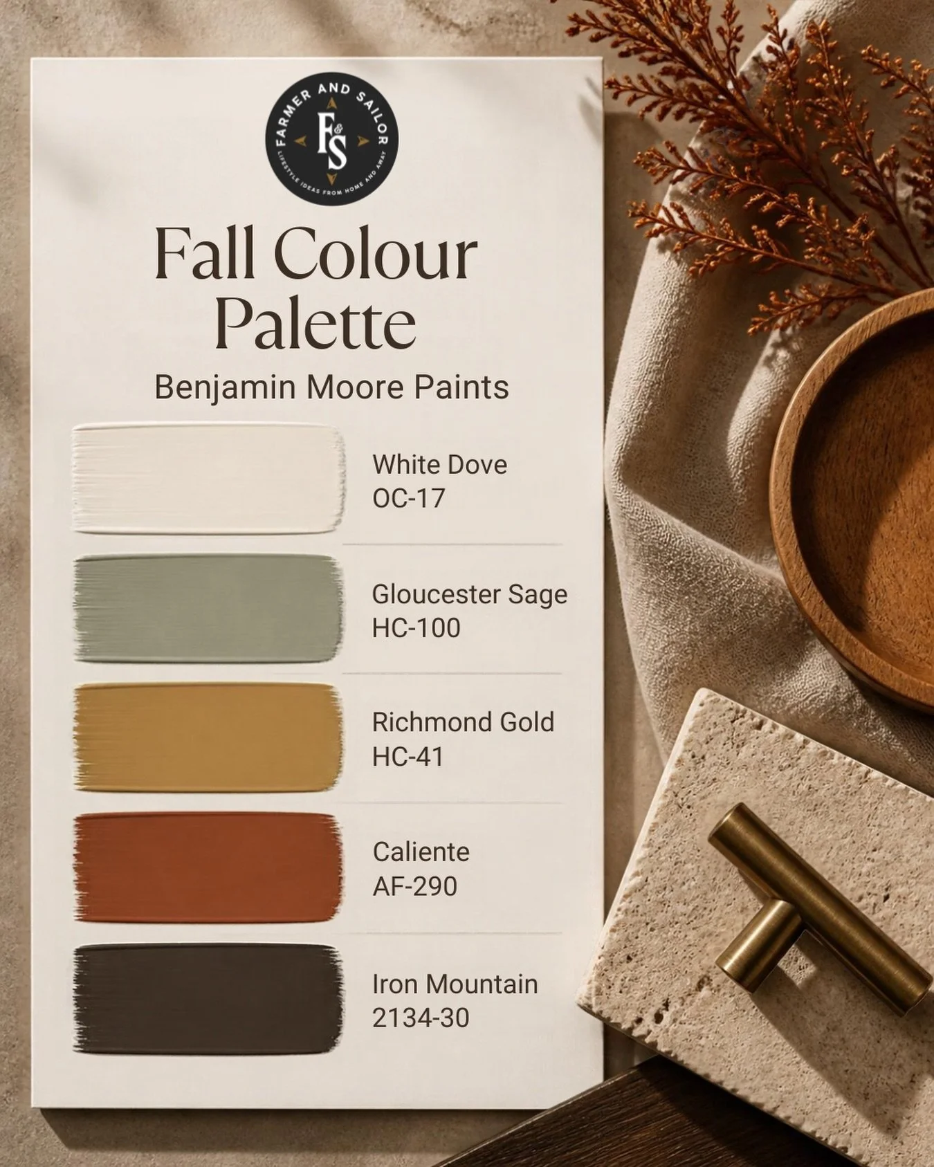 Fall colour inspiration! We put together a beautiful autumn palette with Benjamin Moore paints- warm, earthy tones perfect for the season. 🤎🎨
Which colour is your favourite?

#BenjaminMoore
#InteriorInspiration 
#InteriorInspo 
#interiordesign 
#fa