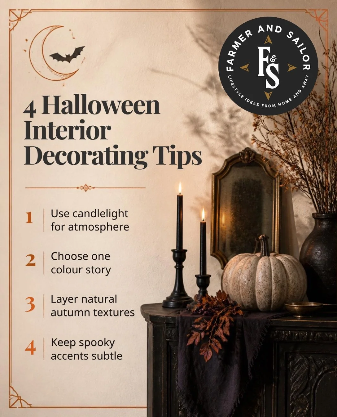 From creepy details to cozy autumn vibes, decorating for Halloween is all about having fun and getting creative. 🕷️
Who else loves transforming their space into a spooky little paradise? 🧡🦇
 #farmerandsailor #HalloweenDecor #SpookySeason #FallDeco