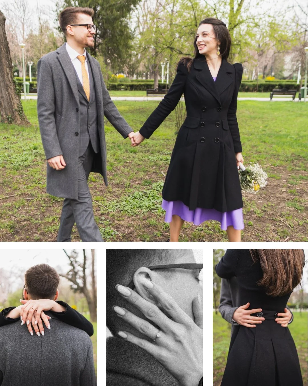 A couple holding hands in a park, dressed in formal clothing. The woman is wearing a black coat over a purple dress and holding a bouquet of flowers. The man is in a gray suit and glasses. Three smaller images show the woman with manicured nails resting on the man's shoulders, a close-up of the woman's hand with a ring on her finger, and the woman with her hand on her waist.