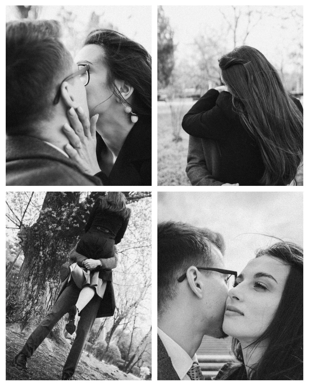 A collage of four black and white photos of couples embracing and sharing intimate moments outdoors.