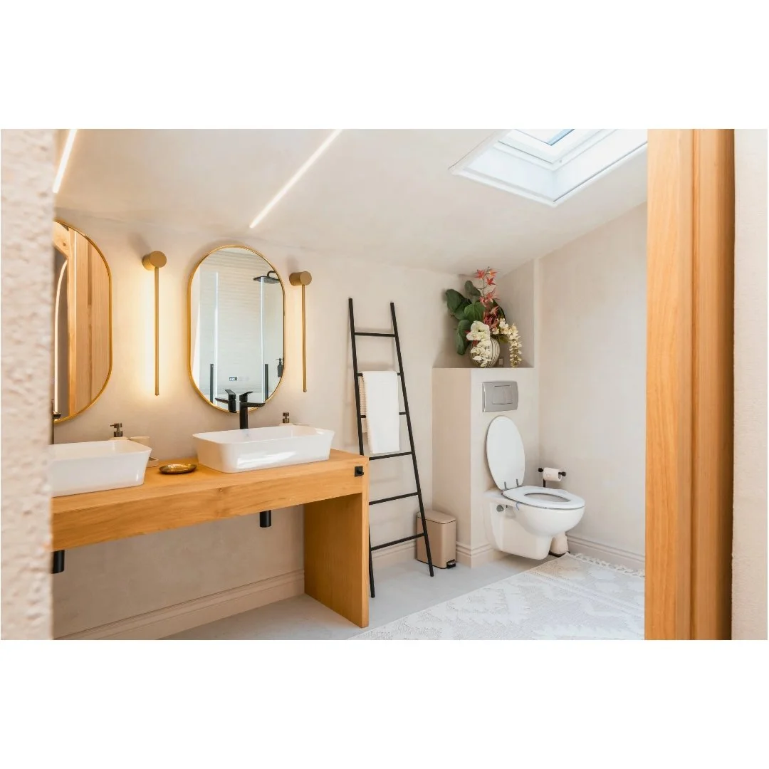 Modern bathroom with two white vessel sinks on a wooden vanity, oval mirrors, a ladder-style towel rack, a toilet with a closed lid, a skylight, and a flower arrangement on a ledge.